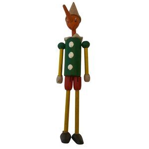 Vintage Wooden Pinocchio Figurine Christmas Ornament Movable Limbs Hand Painted